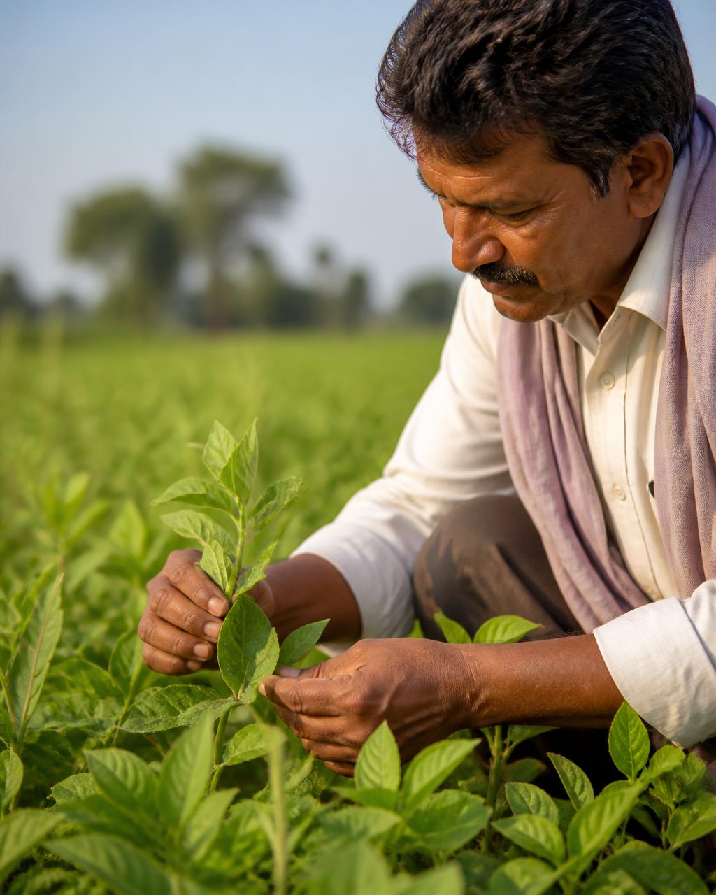Farmer examining crops in the field