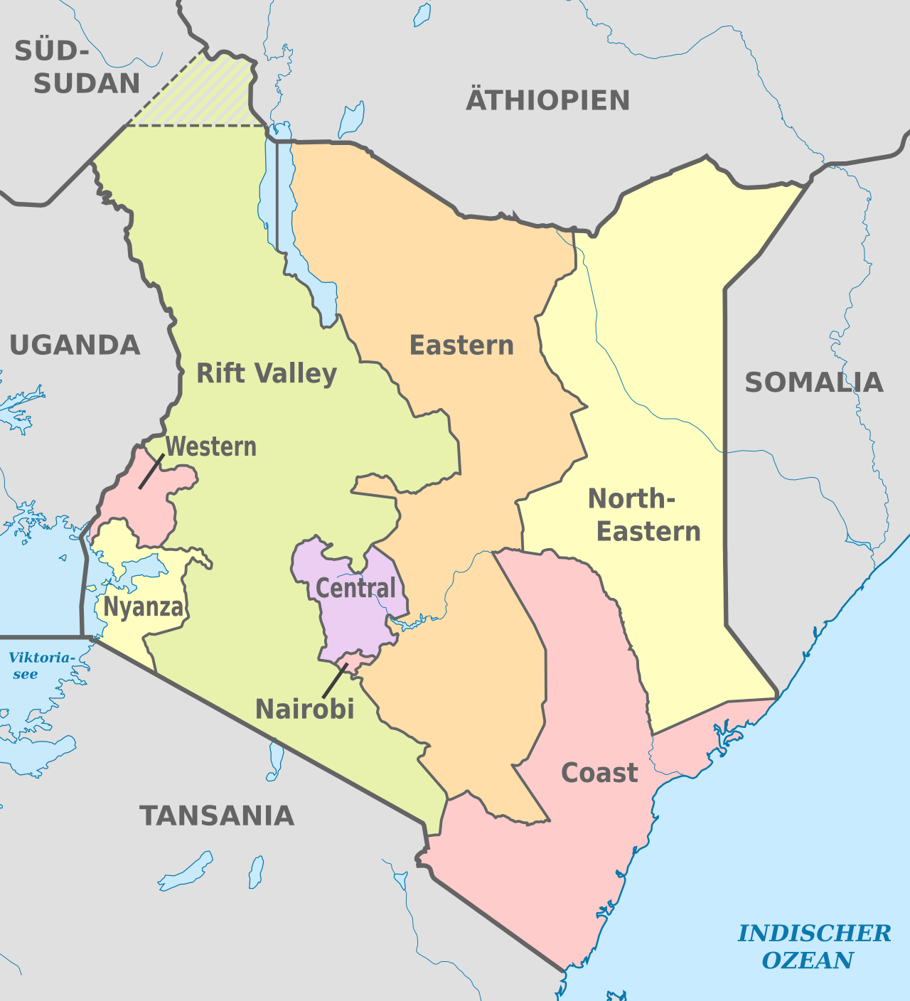 Kenya map showing all eight former provinces, with Nairobi labeled as a separate region.